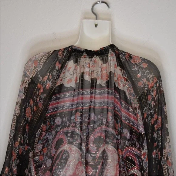 TUCKER Bergdorf Goodman Boho 100% Silk Button Down Sheer Blouse Metallic Size S - Picture 9 of 11